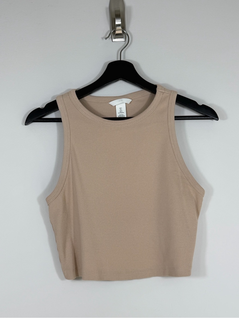H&M Women’s Large Beige Ribbed Cropped Tank Top High Neck Minimalist